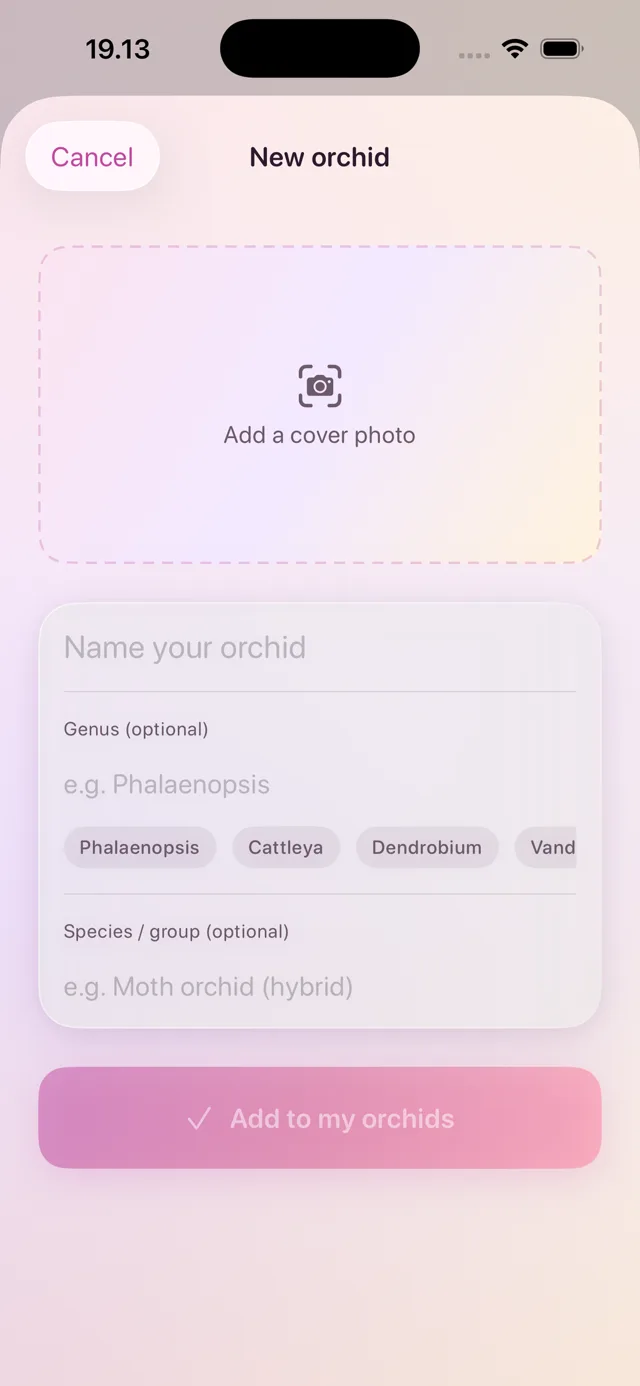 Laelia add-orchid screen with genus picker