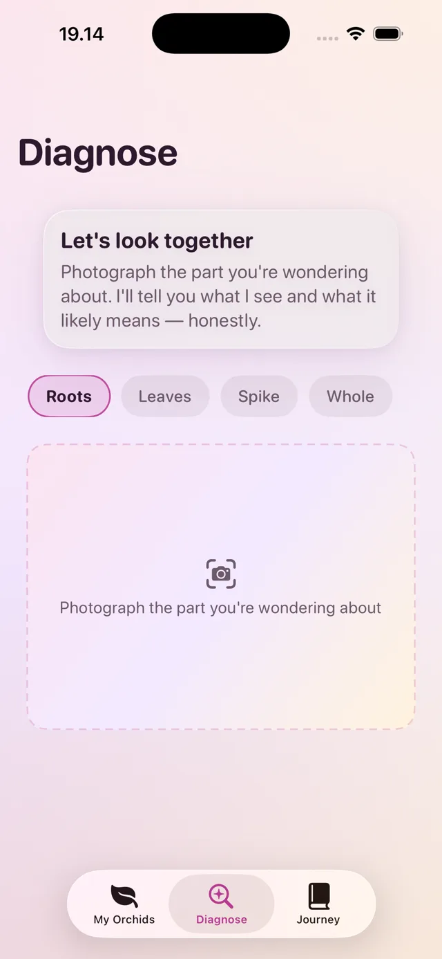Laelia diagnosis screen — choosing roots, leaves, or spike for a read